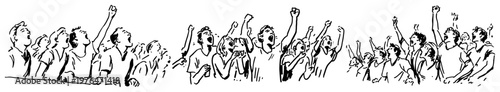 Panoramic cheering crowd with raised hands at event minimalist ink sketch style