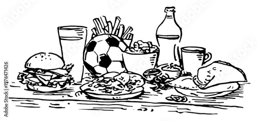 Snacks and fast food with a soccer ball on a table in hand drawn line art style