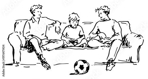 Family sitting on a sofa with a soccer ball watching sports in hand drawn line art style