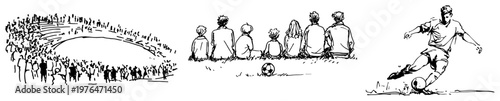Soccer stadium panorama with fans and children watching a player in hand drawn line art style