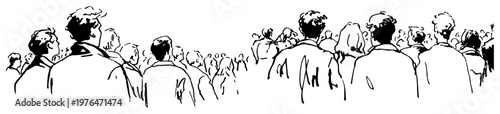 Panoramic crowd of people seen from behind in minimalist hand drawn ink sketch style