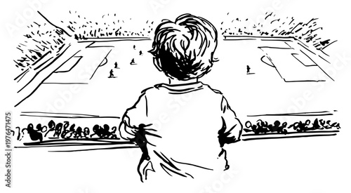 Boy watching soccer match at stadium from behind in hand drawn ink sketch style