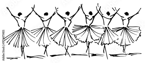 Ballerinas dancing in line with tutus and raised arms in expressive ink sketch style