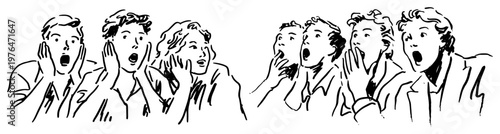 Group of people with shocked and surprised facial expressions in hand drawn line art style