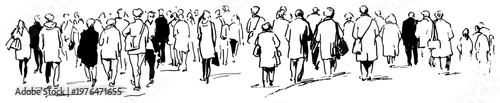 People walking in a busy crowd through a public city space in minimalist line art style