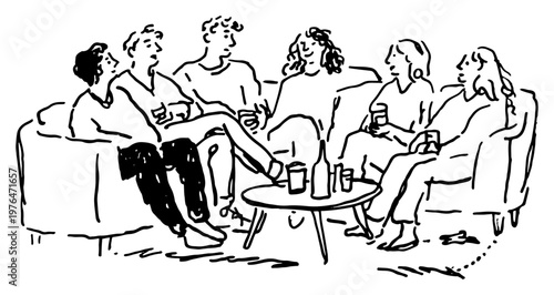 Friends socializing and drinking on sofa in living room in hand drawn ink sketch style