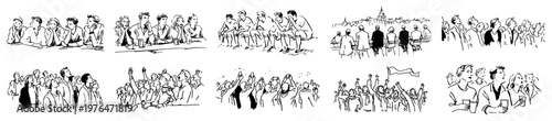Collection of small scenes with crowds people sitting and public gatherings minimalist sketch style