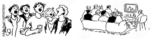 Young friends cheering with drinks and people watching television on sofa minimalist ink sketch style