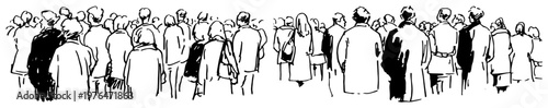 Dense crowd of people seen from behind in expressive ink sketch style