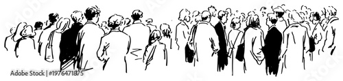 Crowd of people standing together seen from behind in hand drawn ink sketch style