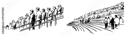 People sitting on stadium stairs watching event in minimalist ink sketch style
