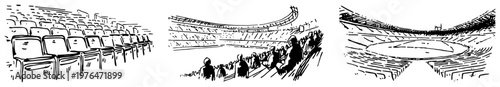 Stadium seating and arena interior views in hand drawn ink sketch style