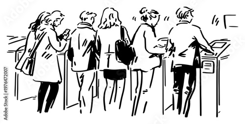 People waiting in queue at ticket counter or information desk in hand drawn ink sketch style