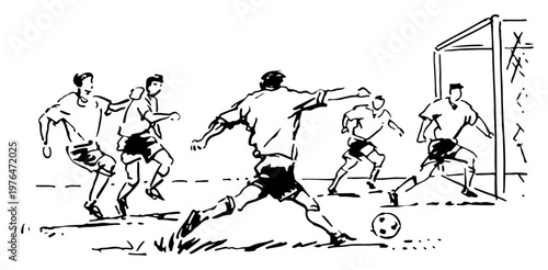 Soccer players playing match and kicking ball toward goal in expressive ink sketch style
