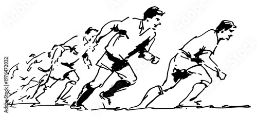 Athletes running and sprinting in action sequence in hand drawn dynamic line art style