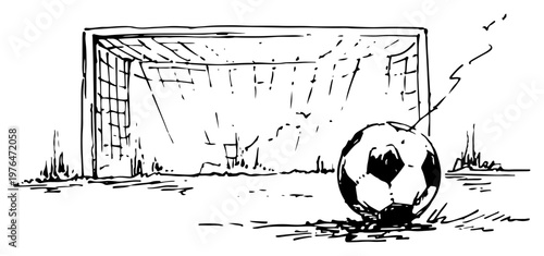 Soccer ball on field in front of goal post in expressive ink sketch style