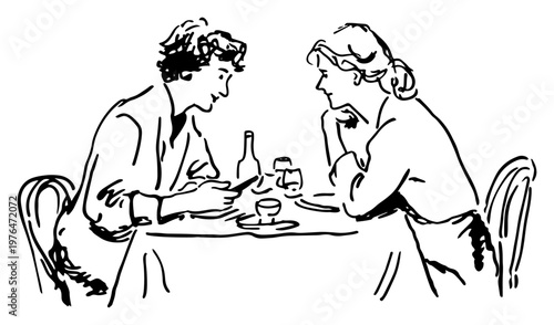 Couple sitting at restaurant table for romantic dinner in minimalist ink sketch style