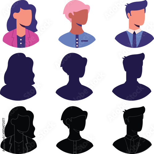 ビジネスとカジュアルな顔なしアバター3種のスタイル (Business and casual faceless profile avatars in flat color, solid shadow, and outline styles)