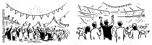 Crowd of people cheering at music festival and sports stadium in hand drawn sketch style