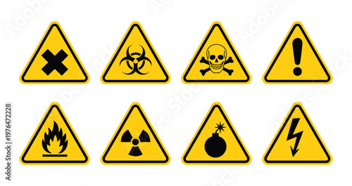 Set of eight yellow triangular hazard warning signs with black representing biohazard toxic skull and crossbones exclamation mark fire radiation bomb and voltage electricity symbols