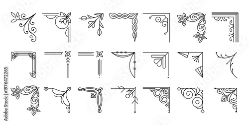 Set of eighteen black line corner ornaments featuring floral swirls geometric patterns and decorative flourishes on a white background for page borders and frame embellishments