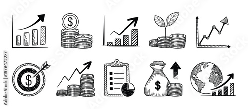 Hand drawn black and white business featuring bar charts line graphs coin stacks money bags target with arrow clipboard and globe on a white background