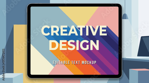 Modern long shadow typography effect with bold uppercase font, flat vector illustration, colorful minimal background, editable text mockup