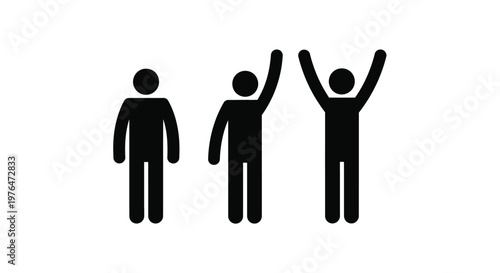 A simple illustration depicts three black stick figures with two raising their arms in celebration