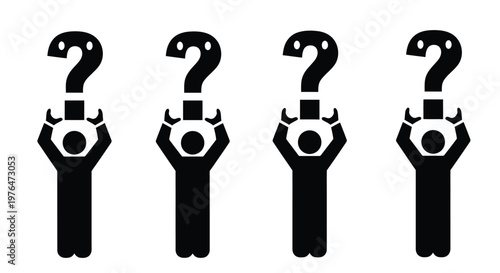 Four silhouetted figures are joyfully holding up large black question marks above their heads