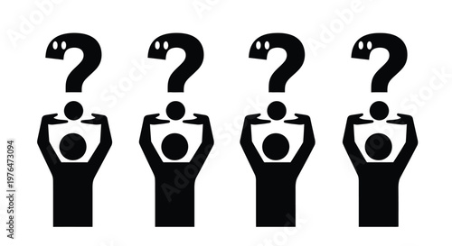 Four stylized figures hold up question marks symbolizing inquiry and uncertainty high quality