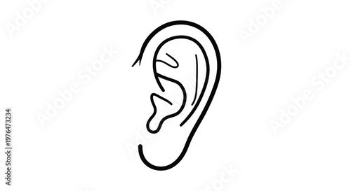 A simple black and white line drawing depicts a human ear in profile showcasing its intricate details