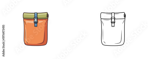 Dry bag illustrations in cartoon and line styles with orange green blue colors representing waterproof storage equipment for camping or water sports on white background