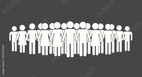 A simplified depiction of a large group of people standing closely together holding hands in a line