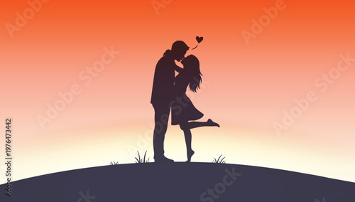 A romantic couple on a hill kissing over a sunset