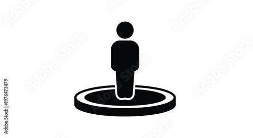 A simple black silhouette of a person standing on a circular platform or base