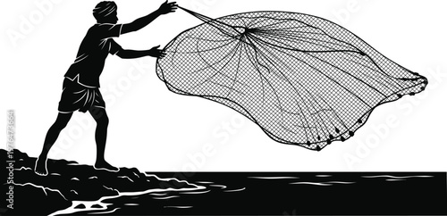 Fisherman casting a large fishing net into the water from a rocky shore with waves