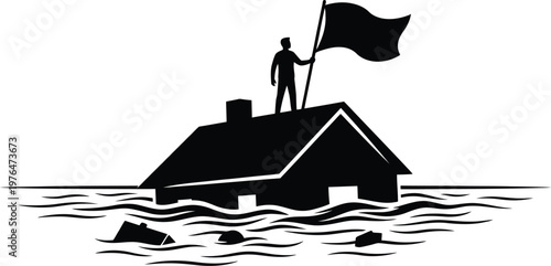 Man standing on a flooded house roof holding a flag during a natural disaster flood event Keywords