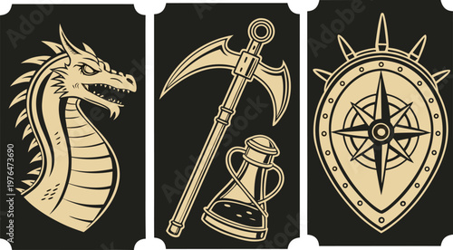 Mystical celestial icon set featuring a melting moon, occult eye, skeletal hand, and cosmic diagrams. Intricate gold and black vector illustrations for astrology, esoteric branding, and tarot art