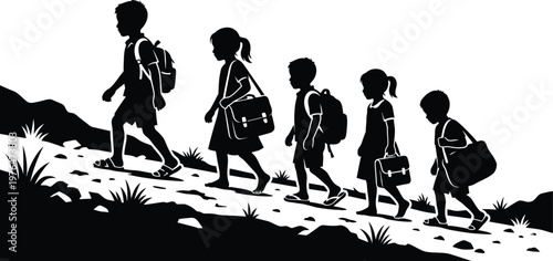 Silhouette of children walking uphill on a rocky path with backpacks and a tree in the distance on a