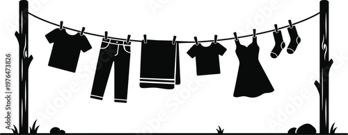 Various clothing drying on a clothesline with natural on white background Keywords: laundry,... symbol