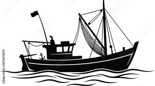 Silhouette of a large fishing trawler boat with nets and flag sailing on wavy water Keywords: fishing