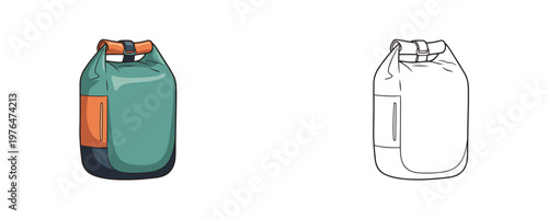 Dry backpack illustrations in cartoon and line styles with green orange black colors representing waterproof storage gear for hiking or water sports on white background