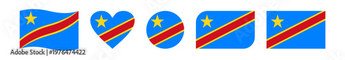 Set of five creative Democratic Republic of the Congo flag vector designs featuring wavy, circular, heart-shaped, rounded-corner, and rectangular styles, symbolizing national pride.