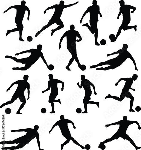 Silhouettes of soccer players dribbling and kicking the ball isolated on a white background serve as versatile sports icons for branding.