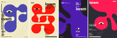 Abstract poster designs featuring bold, organic shapes and vibrant colors. Each design incorporates text elements and eye motifs, creating a modern and artistic look.