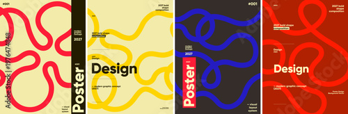 Modern poster designs featuring bold, organic shapes in vibrant colors. Each composition highlights a unique visual layout system, perfect for contemporary graphic projects.