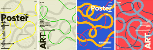 Modern poster designs featuring abstract line compositions in vibrant colors. Each poster showcases a unique visual layout with bold typography and dynamic patterns.