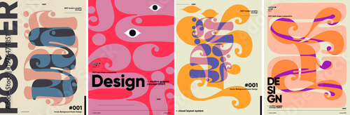 Modern graphic design concept featuring bold, abstract shapes and vibrant colors. The composition includes swirling patterns and eye-catching typography, perfect for creative projects.