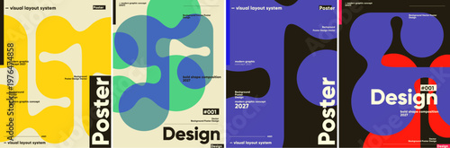 Modern abstract poster designs featuring bold geometric shapes and vibrant colors. These layouts showcase a contemporary visual style, ideal for creative projects.