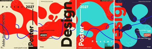 Modern graphic design poster featuring bold abstract shapes in vibrant red and blue hues. The layout includes dynamic typography and a futuristic theme for 2027.
